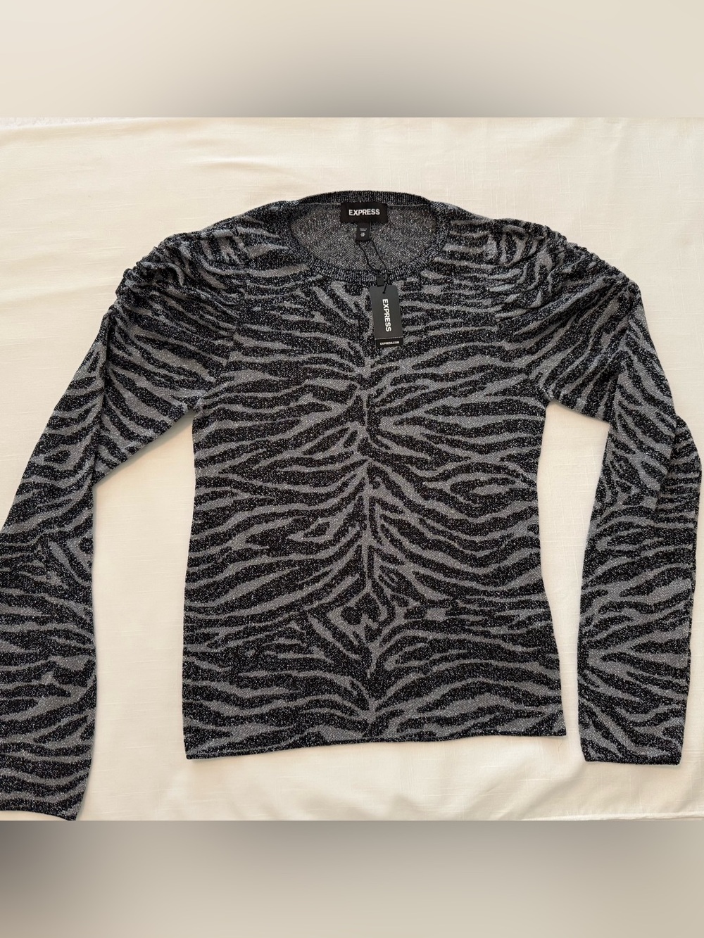 Express NWT Metallic Zebra Print Puff Shoulder Sweater Top Black Gray Silver XS